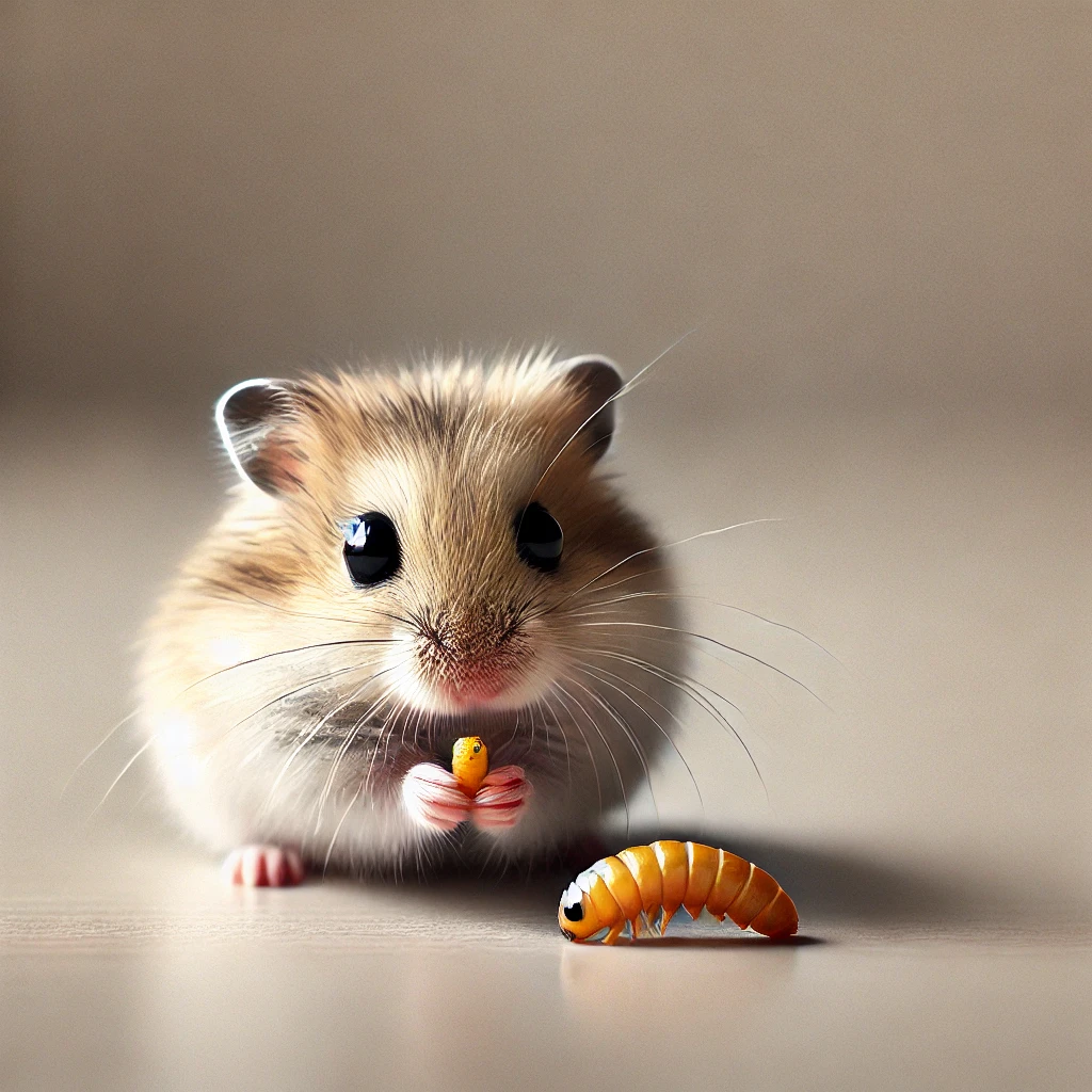 hamster eating Mealworms